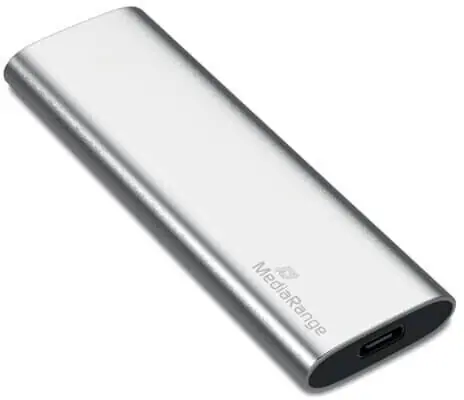 MediaRange MR1100 120GB strieborná / Externý SSD / M.2 SATA III / TLC / USB-C / R: 450MBs / W: 420MBs