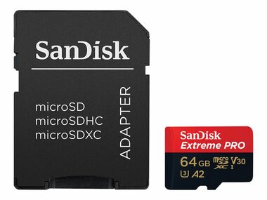 SanDisk Extreme PRO microSDXC 64GB + adaptér / Class 10 / A2 / V30 / UHS-I U3 / čítanie: až 200MBs / zápis: až 90 MBs