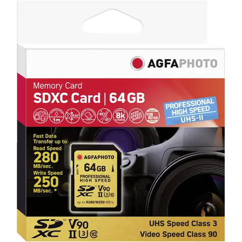 AGFAPHOTO SDXC Professional 64GB (10621) / R:280 MB/s / W:250 MB/s / Class V90 