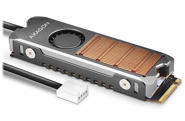 Axagon CLR-M2FAN, medený chladič s ventilátorom pre jedno aj obojstranný M.2 SSD disk, výška 13 mm