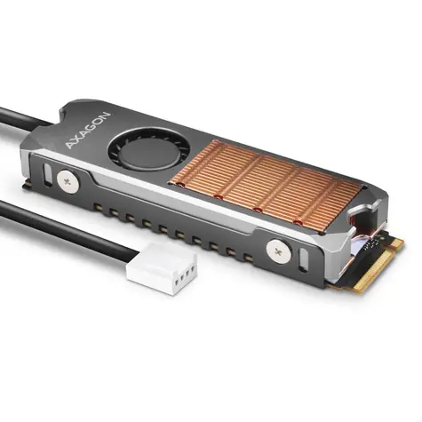 Axagon CLR-M2FAN, medený chladič s ventilátorom pre jedno aj obojstranný M.2 SSD disk, výška 13 mm