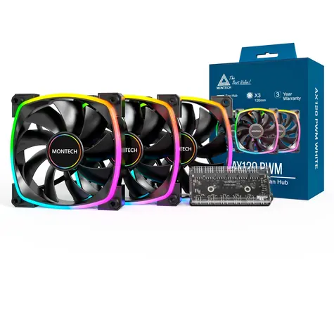 Montech AX120 PWM ARGB 3ks + porthub čierna / 120mm / 27 dB @ 1600 RPM / 59 CFM / 4-pin PWM + 3-pin