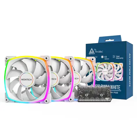 Montech AX120 PWM ARGB 3ks + porthub biela / 120mm / 27 dB @ 1600 RPM / 59 CFM / 4-pin PWM + 3-pin