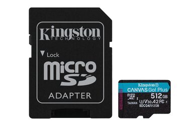 Kingston Canvas Go PLUS microSDXC 512GB s adaptérom / UHS-I V30 / U3 / Class 10 / čítanie: až 200MBs / zápis: až 160 MB