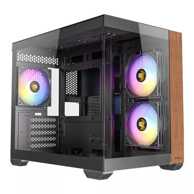 Antec CX600M Wood čierna / mATX / 1x USB-A 2.0 / 1x USB-C 3.1 / 3x 120mm RGB / bez zdroja / priehľadná bočnica 