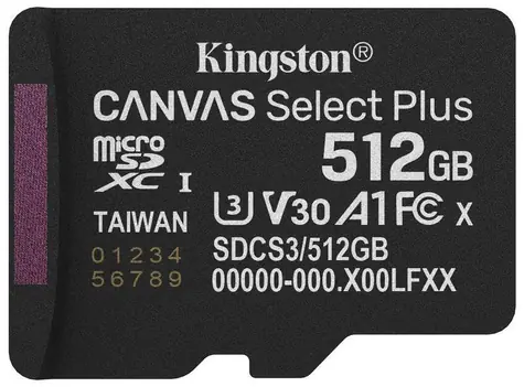 Kingston Canvas Select PLUS Gen3 microSDXC 512GB / UHS-I V30 / U3 / Class 10 / čítanie: až 150MBs / zápis: až 150 MBs