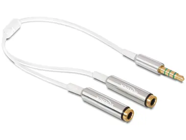 DeLock adaptér stereo jack 3,5 mm samec,4 pin > 2 x stereo jack 3,5 mm samica,4 pin / 25cm / biely / strieborný