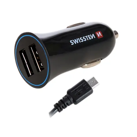 SWISSTEN CL adaptér 2x USB 2.4A + kábel microUSB / autonabíjačka / čierny