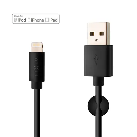 FIXED Dátový a nabíjací kábel s konektorom Lightning čierna / 2.4A / držiak a sťahovací pásik v balení