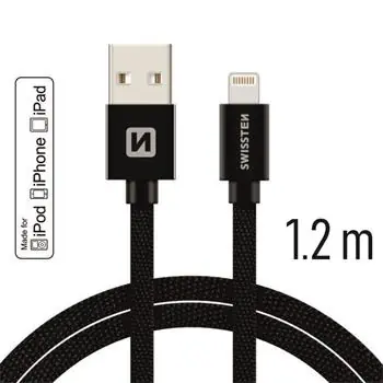 SWISSTEN TEXTILE dátový kábel USB - Lightning MFi 1.2m čierna