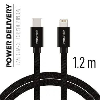 SWISSTEN TEXTILE dátový kábel USB-C - Lightning 1.2m čierna