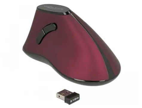 Delock ergonomická vertikálna myš červená / Optický senzor / bezdrôtová / 1000 DPI / 4 tlačidlá / 1xAA