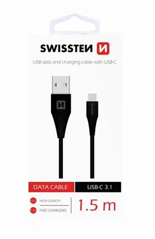 SWISSTEN dátový kábel USB - USB-C 3.1 čierna 1.5m (7mm)