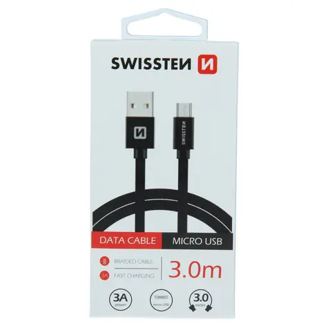 SWISSTEN TEXTILE dátový kábel USB - microUSB 3m čierna