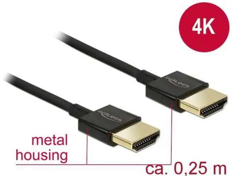 DeLock Kábel High Speed HDMI s Ethernetom - HDMI-A samec > HDMI-A samec 3D 4K 0.25 m / Slim HQ