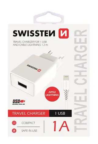 SWISSTEN SMART IC sieťový adaptér 1x USB 1A POWER + dátový kábel USB - Lightning 1.2m biela