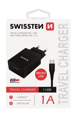 SWISSTEN SMART IC sieťový adaptér 1x USB 1A POWER + dátový kábel USB - microUSB 1.2m čierna