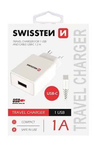 SWISSTEN SMART IC sieťový adaptér 1x USB 1A POWER + dátový kábel USB - USB-C 1.2m biela