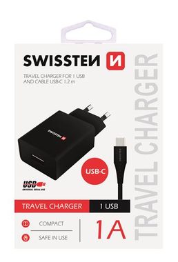 SWISSTEN SMART IC sieťový adaptér 1x USB 1A POWER + dátový kábel USB - USB-C 1.2m čierna