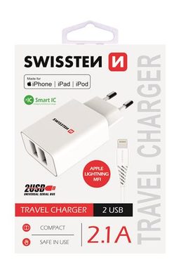 SWISSTEN SMART IC sieťový adaptér 2x USB 2.1A POWER + dátový kábel USB - Lightning MFi 1.2m biela