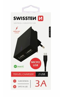 SWISSTEN SMART IC sieťový adaptér 2x USB 3A POWER + dátový kábel USB - microUSB 1.2m čierna