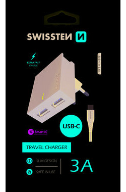 SWISSTEN SMART IC sieťový adaptér 2x USB 3A POWER + dátový kábel USB - USB-C 1.2m čierna