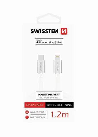 SWISSTEN TEXTILE dátový kábel USB-C - LIGHTNING MFi 1.2m strieborná