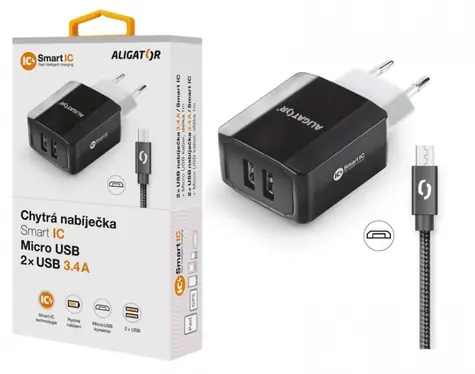 Aligator Múdra sieťová nabíjačka 3.4A micro USB kábel 2A čierna / 2xUSB / smart IC