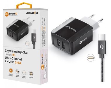 Aligator Múdra sieťová nabíjačka 3.4A USB-C kábel čierna / 2xUSB / smart IC
