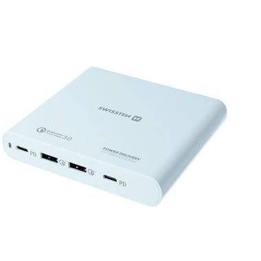 SWISSTEN 87W PD3.0 &amp; QC3.0 PPS sieťový adaptér biela / 2xUSB-C / 2x USB