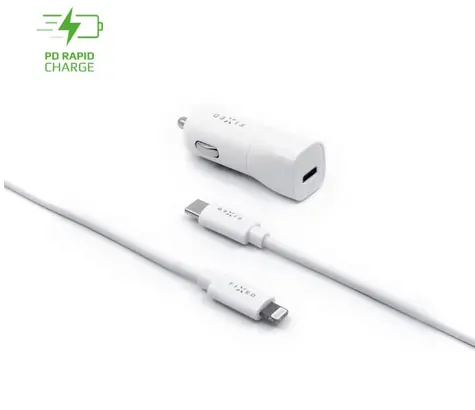 FIXED USB-C autonabíjačka + USB-C na Lightning kábel biela / 18W / 1x USB-C / Power Delivery / MFI / kábel 1 m