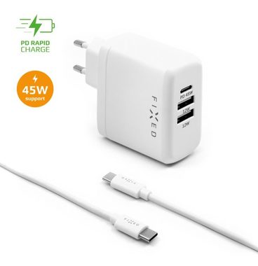 FIXED USB sieťová nabíjačka + USB-C na USB-C kábel biela / 45W / 1x USB-C + 2x USB-A / Power Delivery / kábel 1 m