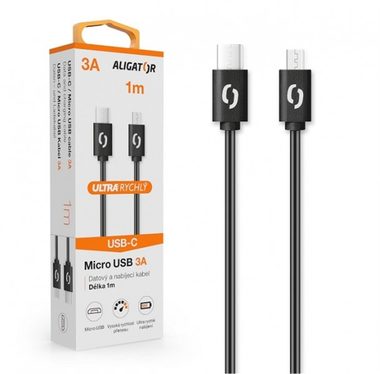 Aligator Dátový kábel POWER 3A USB-C - microUSB 1m čierna