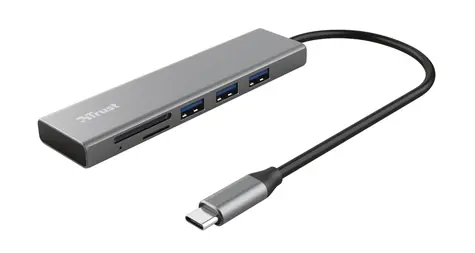 Trust Halyx Fast USB-C Hub &amp; Card reader strieborná / 3x USB 3.1 / čítačka kariet