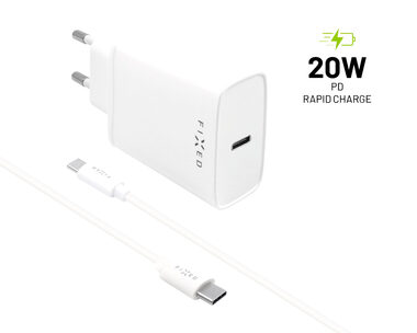 FIXED Set sieťovej nabíjačky s USB-C výstupom a USB-C &amp; USB-C kábla biela / podpora PD / 1 meter / 20W