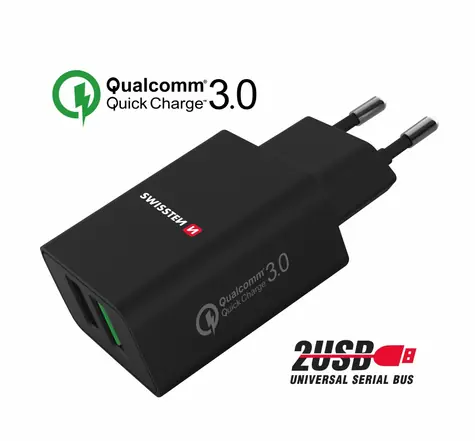 SWISSTEN sieťový adaptér 2x USB QC 3.0 + USB 23W čierna (ECO BALENIE)