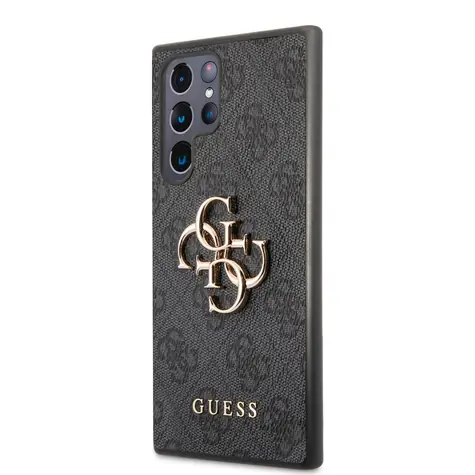 GUESS PU 4G Metal Logo Zadný Kryt pre Samsung Galaxy S22 Ultra sivá