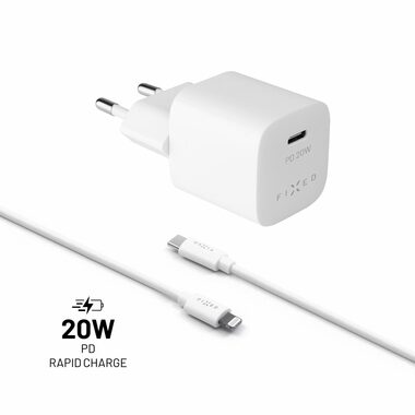 FIXED Mini 20W set sieťovej nabíjačky s USB-C výstupom a USB-C/Lightning kábla / PD / MFI / biela