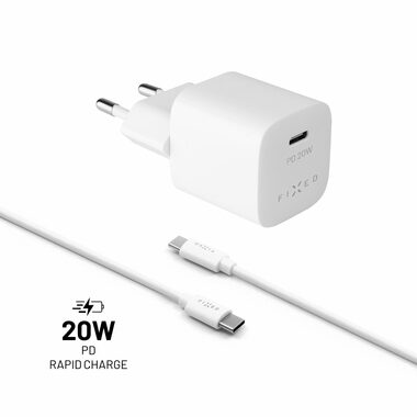 FIXED Mini 20W set sieťovej nabíjačky s USB-C výstupom a USB-C/USB-C kábla / PD / biela