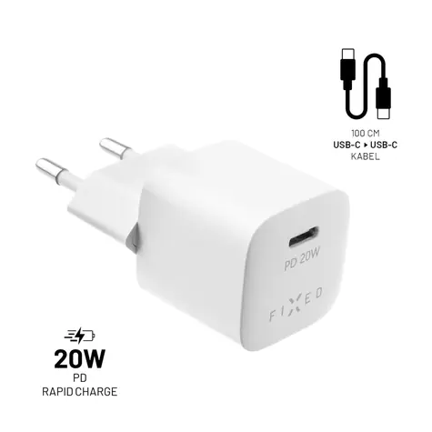 FIXED Mini 20W set sieťovej nabíjačky s USB-C výstupom a USB-C/USB-C kábla / PD / biela
