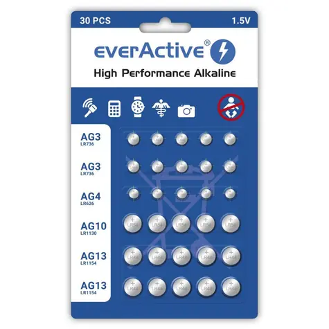 EverActive Alkalické gombíkové batérie sada 30 ks / 10xG3(LR41) / 5xG4(LR626) / 5xG10(LR1130) / 10xG13(LR1154)