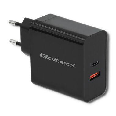 Qoltec 51716 adaptér 63W čierna / 5-20V / 1.5-3A / USB typ C PD / USB QC 3.0