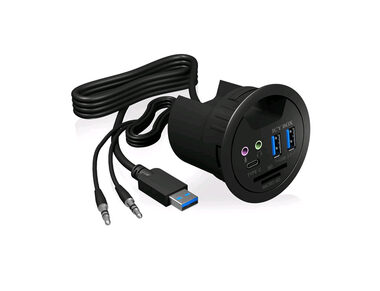 IcyBox IB-HUB1404A Stolný USB Hub s čítačkou SD/microSD čierna / 2x USB 3.0 &amp; 1x USB-C / 60 mm káblová priechodka / audio