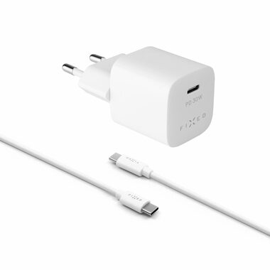 FIXED Mini Set sieťovej nabíjačky s USB-C výstupom a USB-C/USB-C kábla 1m biela / podpora PD / 30W