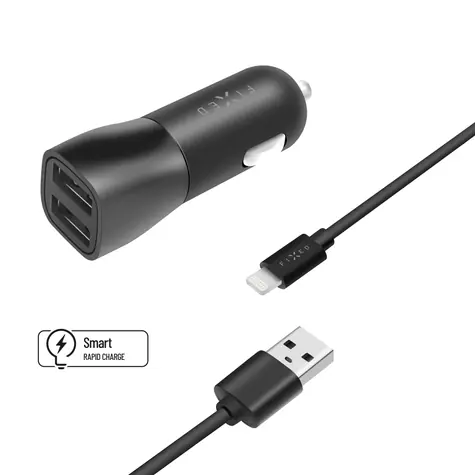 FIXED USB autonabíjačka + USB-A na Lightning kábel čierna / 15W / 2x USB / Smart Rapid / do autozapaľovača