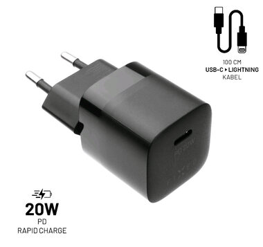 FIXED Mini Sieťová nabíjačka s USB-C a USB výstupom (FIXC20M-CL) čierna / podpora PD / 20W / + kábel USB-C na Lightning 1m