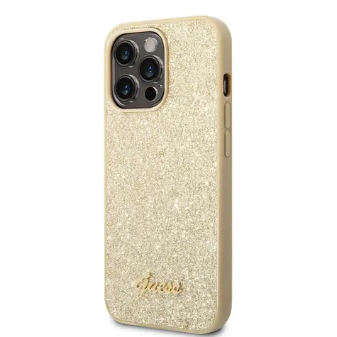 Guess PC/TPU Glitter Flakes Metal Logo Zadný Kryt pre Apple iPhone 14 Pro zlatá