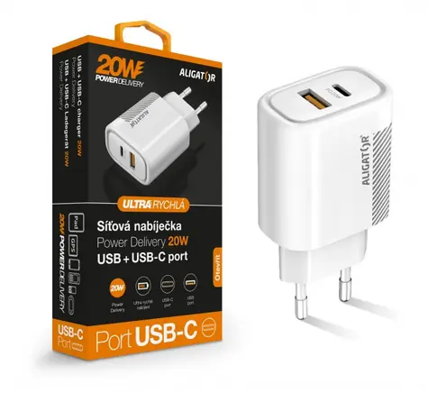 Aligator sieťová nabíjačka USB biela / USB / USB-C / 20W / Power delivery