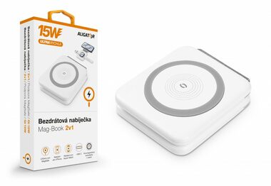 Aligator Mag-Book 2v1 15W biela / Bezdrôtová nabíjačka pre Apple iPhone a Apple Watch s podporou MagSafe / Qi