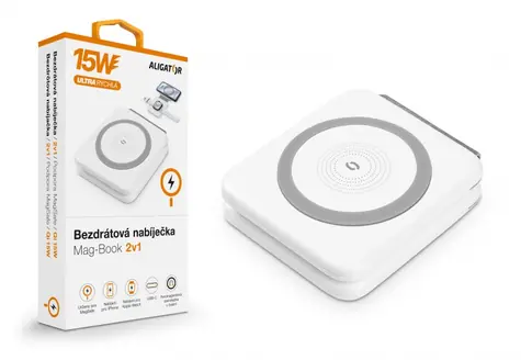 Aligator Mag-Book 2v1 15W biela / Bezdrôtová nabíjačka pre Apple iPhone a Apple Watch s podporou MagSafe / Qi
